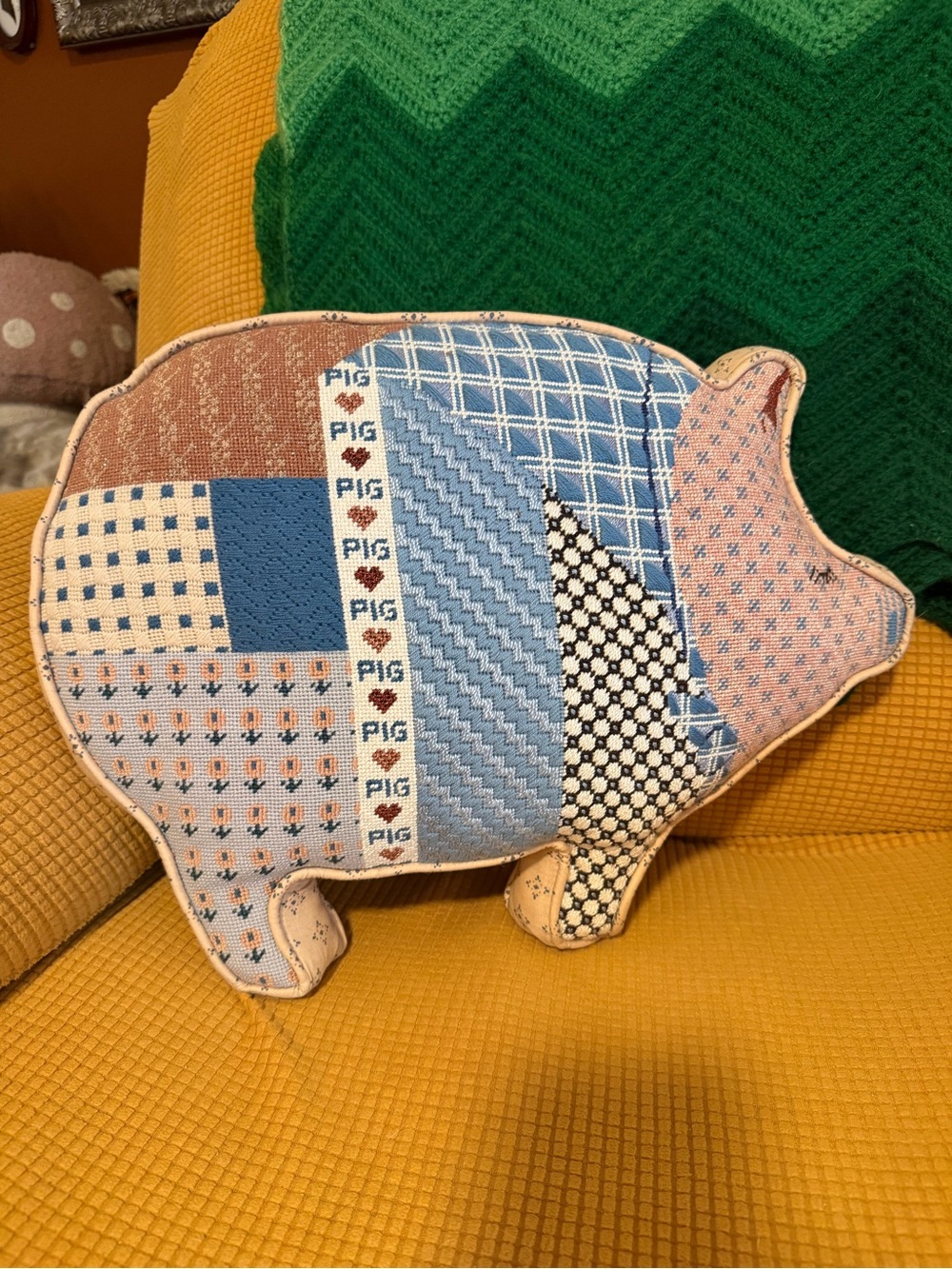 Vintage Large Handmade Patchwork Pig Pillow 17x12.5 Cottagecore Farmhouse